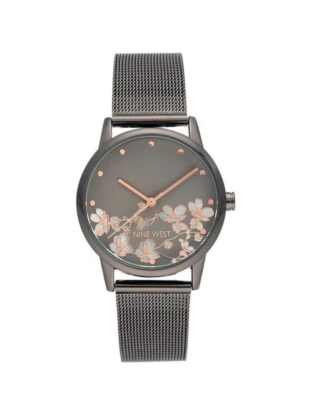 Nine West Womens Gunmetal Mesh Bracelet Watch Floral Dial Rose Gold Accents